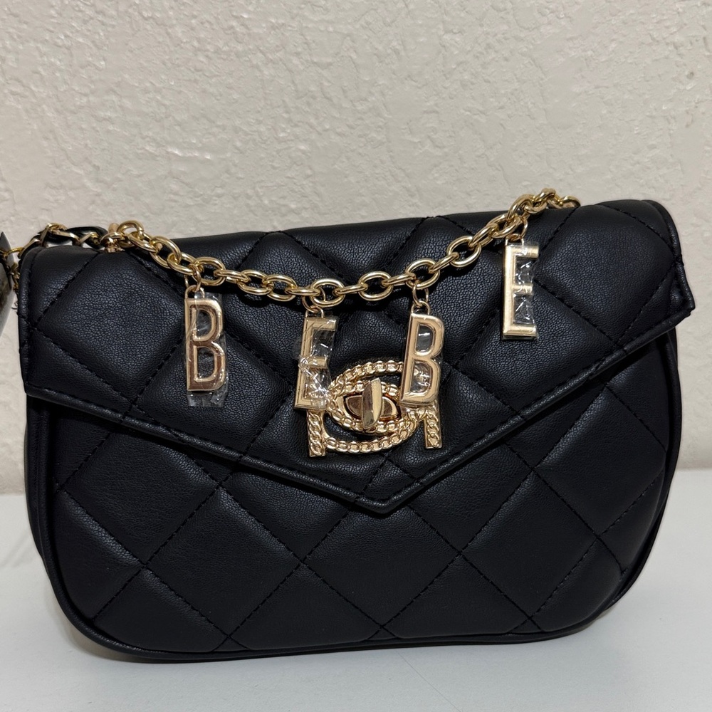 Bebe Black Quilted Crossbody Bag with Gold Accents